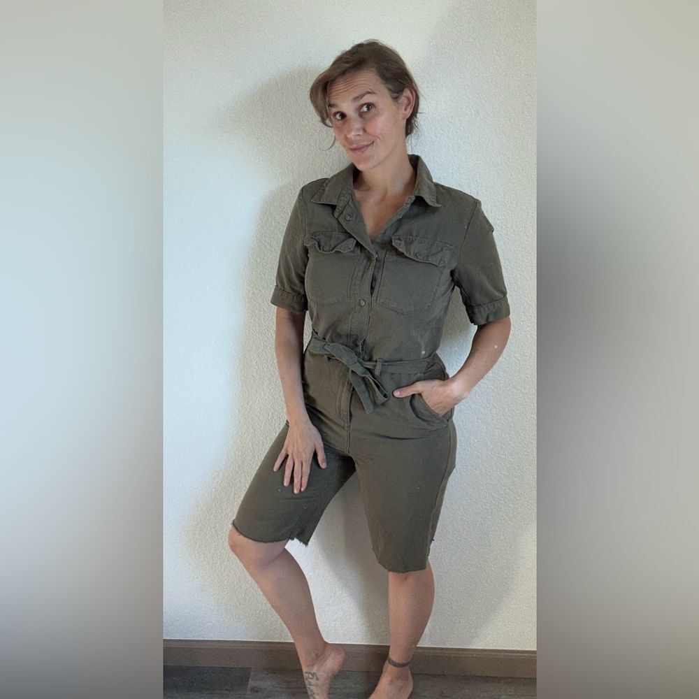 FRAME Denim Army Green Utility Romper Medium Streetwear Snap Zipper